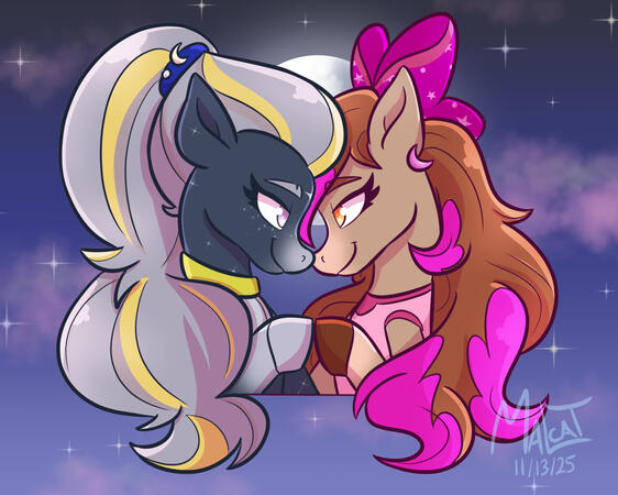 Dreamalley Shipping art of Halley and Dreamer from Wild Manes. They are looking into each others' eyes and touching hooves.