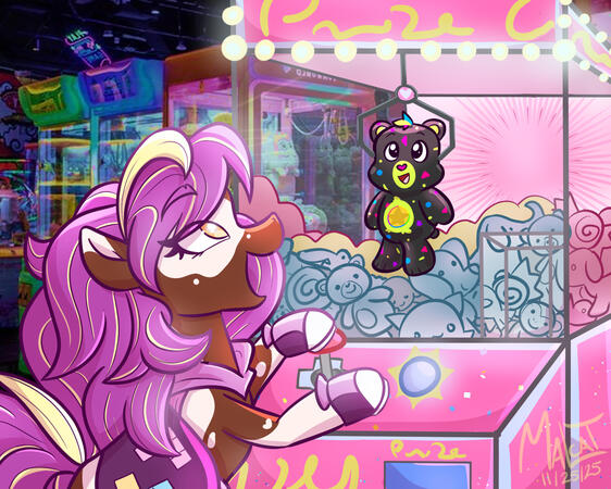Game Star Winner My Wild Manes OC, Maddy, winning my adopted Care Bear OC, Game Star Bear, in a claw machine.