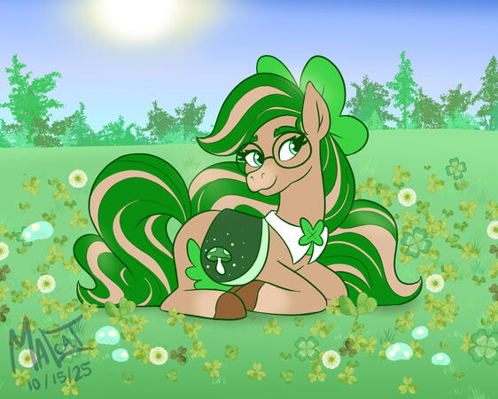 My Wild Manes OC, Clover, laying down in a field of clovers.
