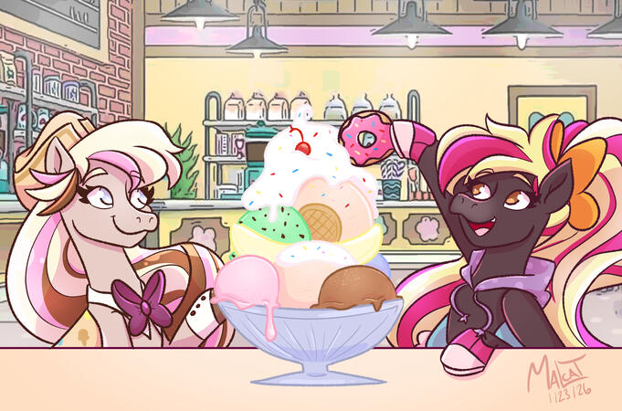 Sundae and Lana from Wild Manes making a large banana split sundae.